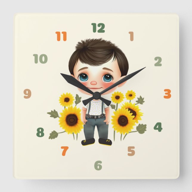 Kleiner Junge mit Sonnenblumen Quadratische Wanduhr (Vorderseite)