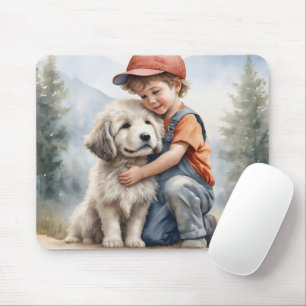 Kleiner Junge umarmt Hund in Wasserfarbe Mousepad