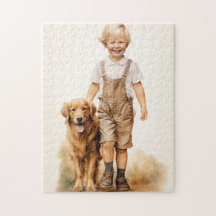 Kleiner Junge und Golden Retriever Puzzle
