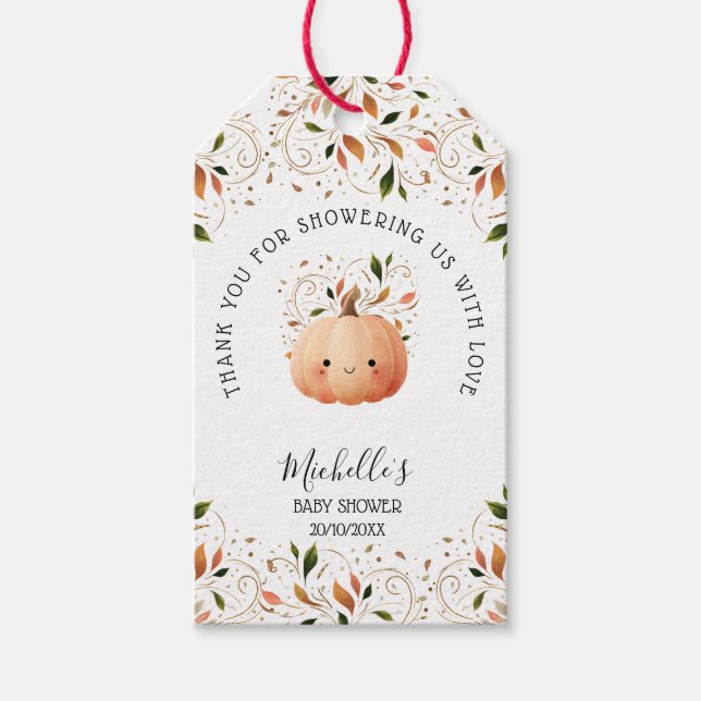 Kleiner Kürbis auf die Flora-Babydusche von Way Fa Geschenkanhänger (Vorderseite)