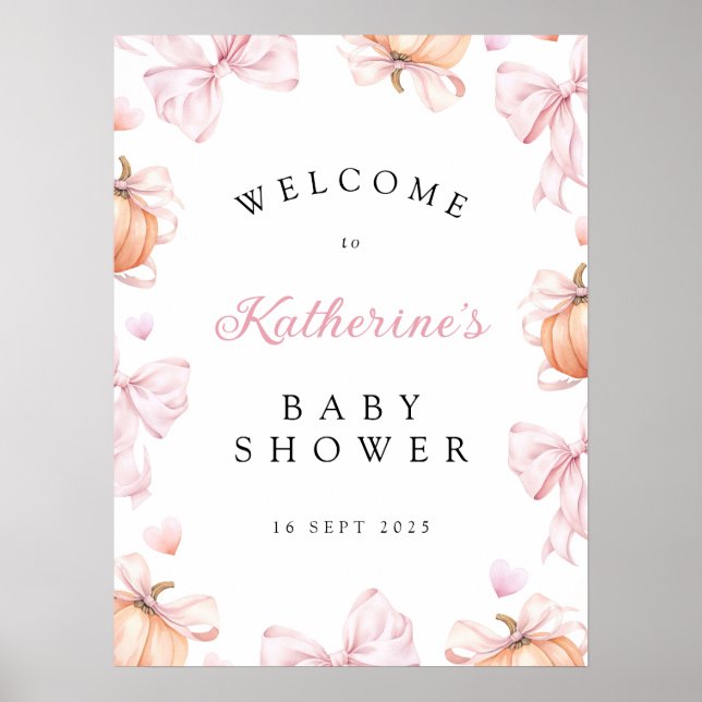 Kleiner Kürbis auf die Pink Bow Baby Dusche Poster (Vorne)