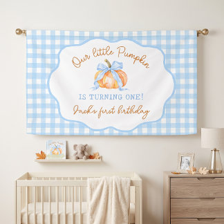 Kleiner Kürbis Blau Gingham Geburtstag Banner