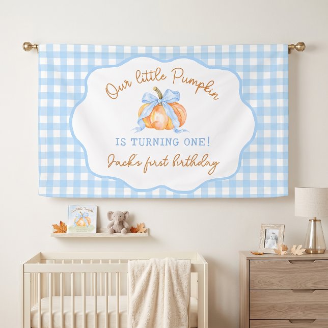 Kleiner Kürbis Blau Gingham Geburtstag Banner (Von Creator hochgeladen)