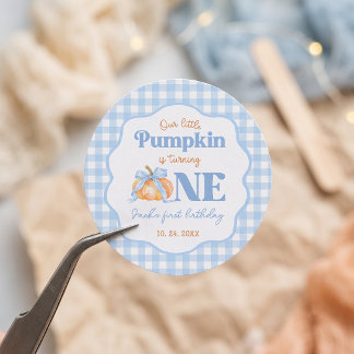 Kleiner Kürbis Blau Gingham Geburtstag Papier Aufk Runder Aufkleber
