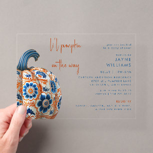 Kleiner Kürbis Blau und Orange Baby Shower Acryleinladungen