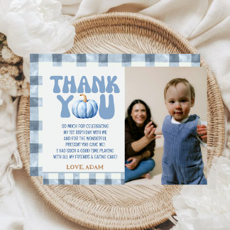 Kleiner Kürbis erster Geburtstag Blau Gingham Herb Dankeskarte