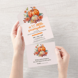 Kleiner Kürbis Herbst-Aquarell-Blumen-Baby-Party All In One Einladung