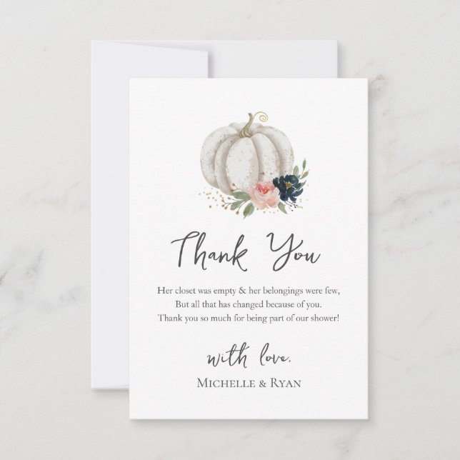 Kleiner Kürbis ist auf dem Weg zur Babydusche Dankeskarte (Vorderseite)