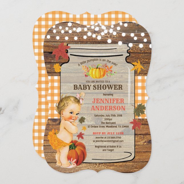 Kleiner Kürbis Mädchen Duscheinladung Retro Einladung (Vorne/Hinten)