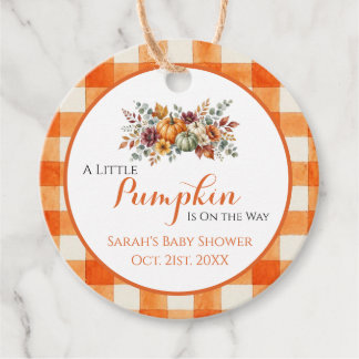 Kleiner Kürbis Orange Gingham Herbst-Baby-Party Geschenkanhänger