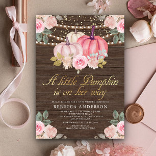 Kleiner Kürbis Rosa Gold Blumen Holz Babyparty Einladung