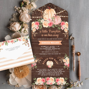Kleiner Kürbis Rosa Pfirsich Blumen Holz Babyparty All In One Einladung