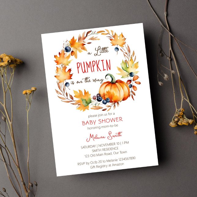 Kleiner Kürbisbaby-Duschkranz Herbstlaube Einladung (Little pumpkin baby shower template invitation digital download fall leaves berries pumpkin wreath)