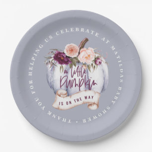 Kleiner Kürbisfall Babydusche lila Pappteller