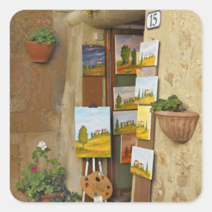 Kleiner Laden mit Kunstwerken zum Verkauf auf dem  Quadratischer Aufkleber