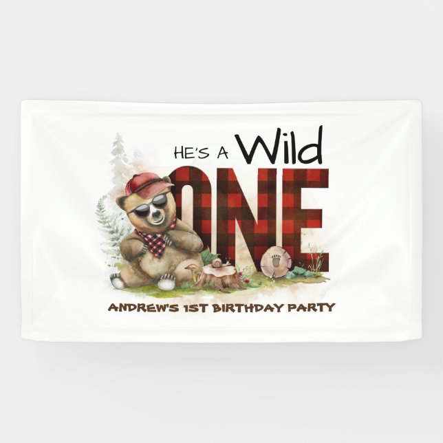 Kleiner Lumberjack Bär erster Geburtstag Willkomme Banner (Horizontal)