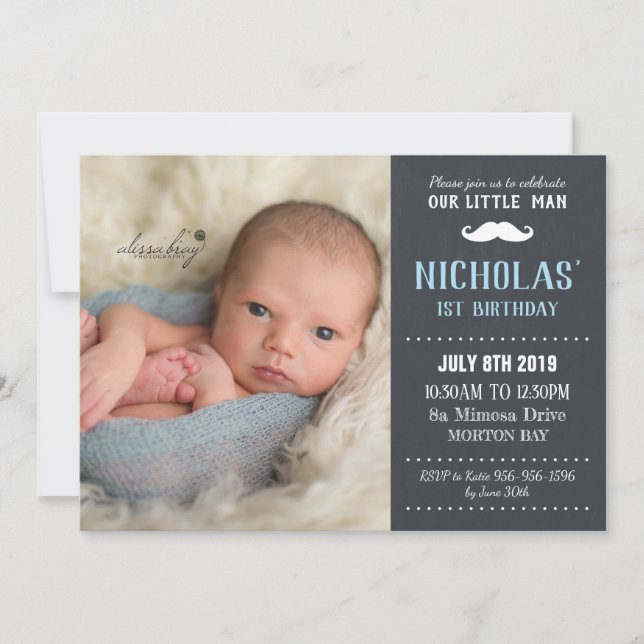 Kleiner Mann Mustache 1. Geburtstag Boy Chalkboard Einladung (Vorderseite)