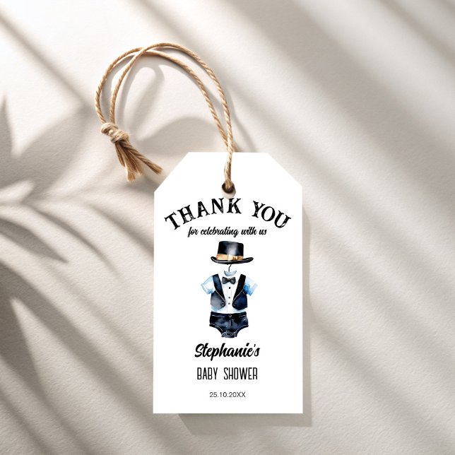 Kleiner Mann schwarzer Tuxedo hat Baby Dusche Gefa Geschenkanhänger (Little man cute black tuxedo hat baby shower favors personalized thank you favor gift tags)