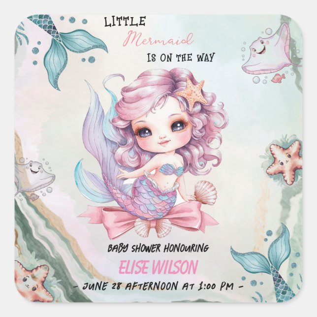 Kleiner Mermaid-Bogen ist auf dem Weg Babydusche2 Quadratischer Aufkleber (Vorderseite)