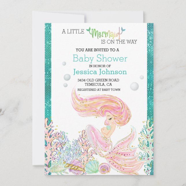 Kleiner Mermaid Watercolor Babydusche Glitzer Einladung (Vorderseite)