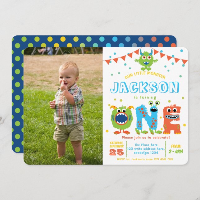 Kleiner Monster Chalkboard Junge 1. Geburtstag Fot Einladung (Vorne/Hinten)