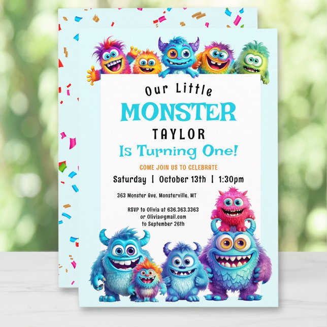 Kleiner Monsterjunge Einladung zum 1. Geburtstag (Little Monster Boy 1st Birthday Invitation)