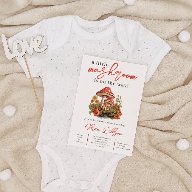 Kleiner Mushroom Fall Minimalistisch Retro Babydus Einladung ( Little Mushroom Fall Minimalist Retro Cottage Core Baby Shower Invitation)