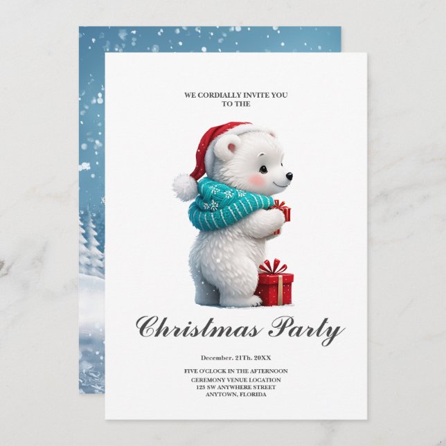 Kleiner niedlicher Babybär mit Weihnachtshut Einladung (Vorne/Hinten)