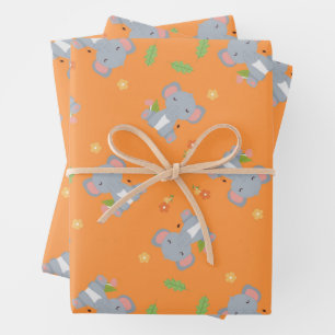 Kleiner niedlicher Elefant mit Blume orange Geschenkpapier Set