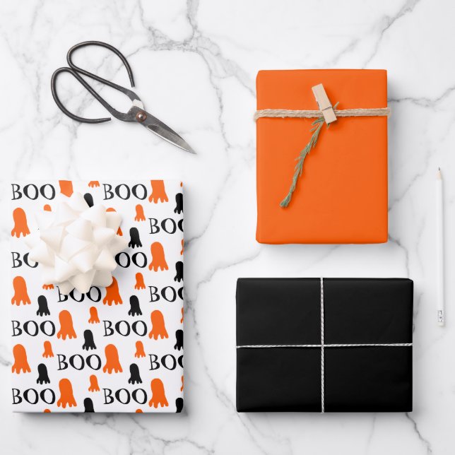 Kleiner Niedlicher Ghost Orange Schwarz-weiß Geschenkpapier Set (Vorderseite)