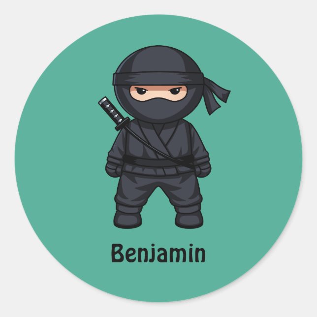 Kleiner Ninja-Krieger auf grünem benutzerdefiniert Runder Aufkleber (Vorderseite)