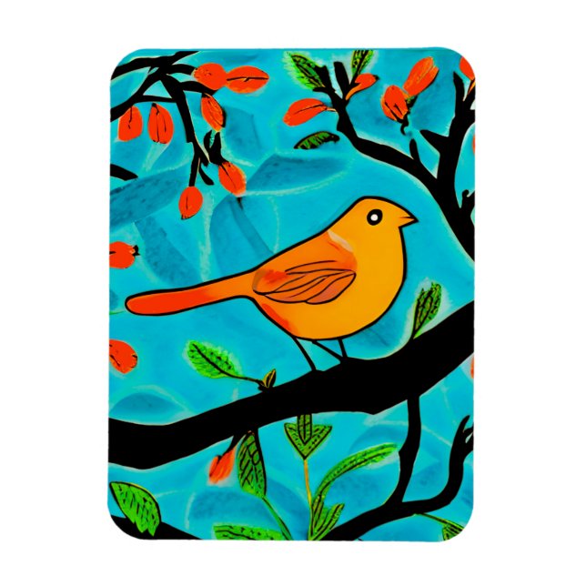 Kleiner Orangenvogel auf einer blühenden Branche Magnet (Vertikal)