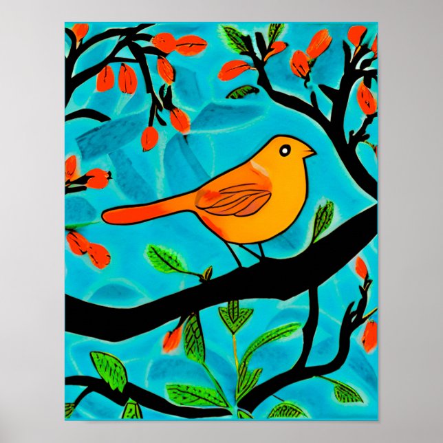 Kleiner Orangenvogel auf einer blühenden Branche Poster (Vorne)