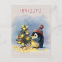 Kleiner Pinguin dekoriert winzigen Weihnachtsbaum,