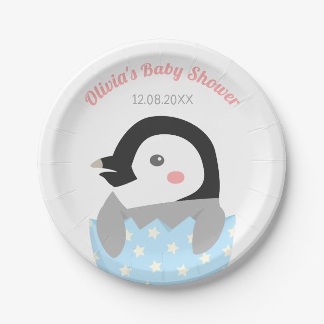 Kleiner Pinguin-Jungtier Baby Shower Pappteller (Vorderseite)