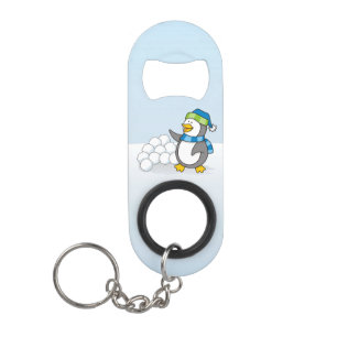 Kleiner Pinguin mit Schneebälle schwingen Schlüsse Mini Flaschenöffner