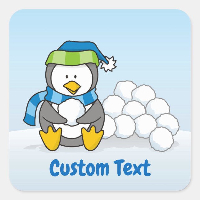 Kleiner Pinguin mit Schneebällen Quadratischer Aufkleber (Vorderseite)