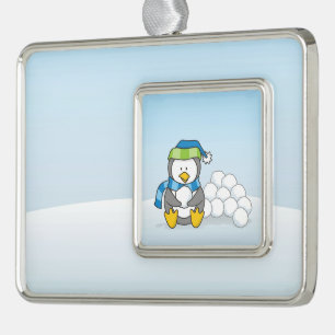 Kleiner Pinguin mit Schneebällen Rahmen-Ornament Silber