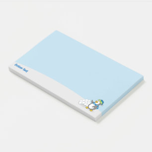 Kleiner Pinguin mit Schneeballschuhen, der nach de Post-it Klebezettel