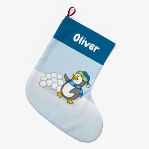 Kleiner Pinguin mit Schneeballschuhen Großer Weihnachtsstrumpf