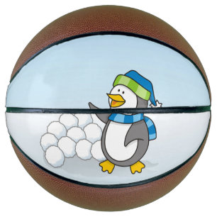 Kleiner Pinguin mit schneebedeckten Kugeln Basketball