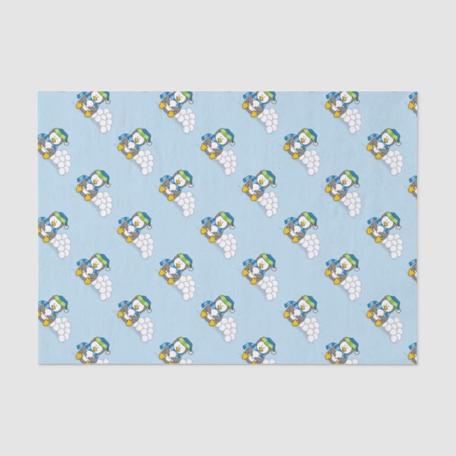 Kleiner Pinguin sitzend mit Snowballs Gewebepapier Seidenpapier (Vorderseite)