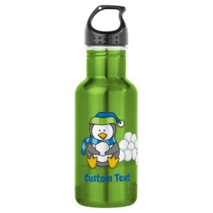 Kleiner Pinguin sitzt mit Schneebällen Wasserflasc Edelstahlflasche