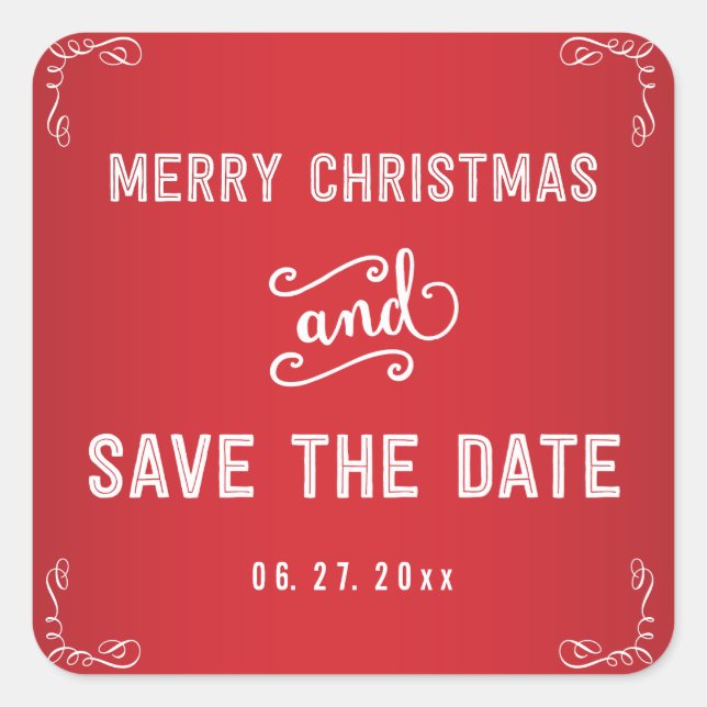 Kleiner Platz Rot Save the Date Weihnachtskleber Quadratischer Aufkleber (Vorderseite)