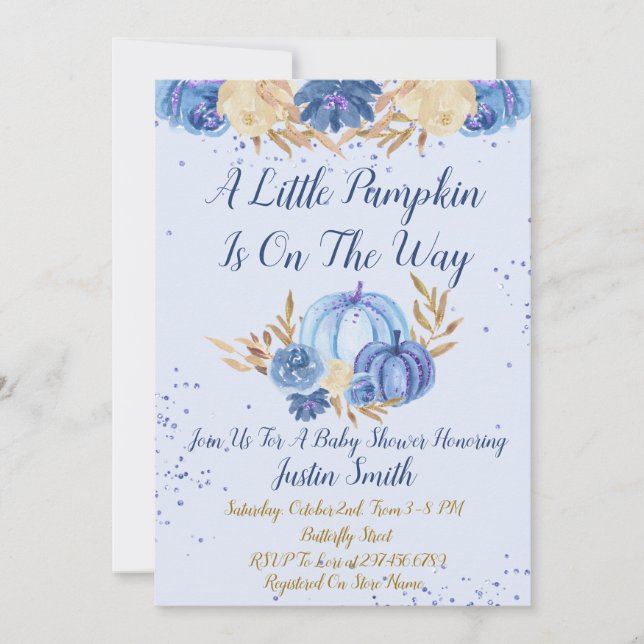 Kleiner Pumpkin ist auf dem Weg Blue Baby Dusche Einladung (Vorderseite)