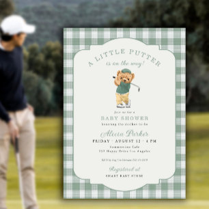 Kleiner Putter auf dem Weg Gingham Golf Baby Showe Einladung