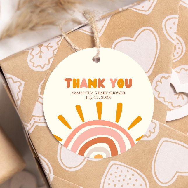 Kleiner Ray von Sunshine Boho Sun Babydusche Runde Geschenkanhänger (Little Ray of Sunshine Retro Baby Shower Round Favor Tags)