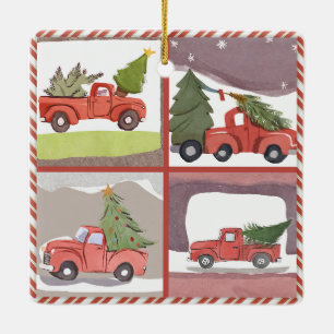 Kleiner roter Lkw, der einen Weihnachtsbaum AI hol Keramikornament