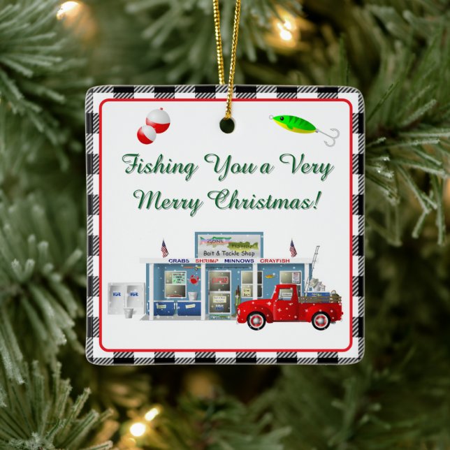 Kleiner roter LKW mit Angelgeschäft Keramikornament (Baum)