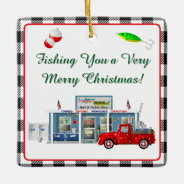 Kleiner roter LKW mit Angelgeschäft Keramikornament